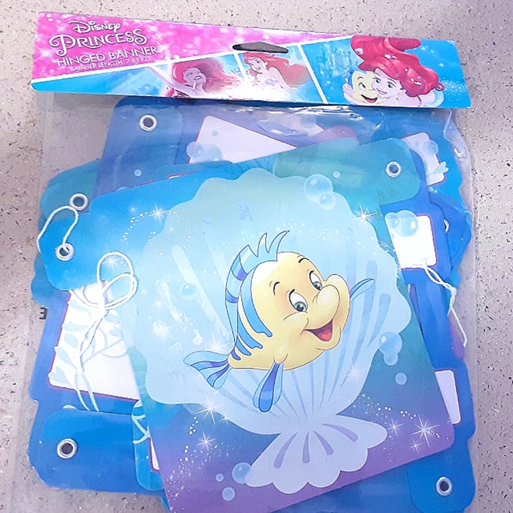 Disney Princess Happy Birthday Banner with the Little Mermaid Ariel & Flounder